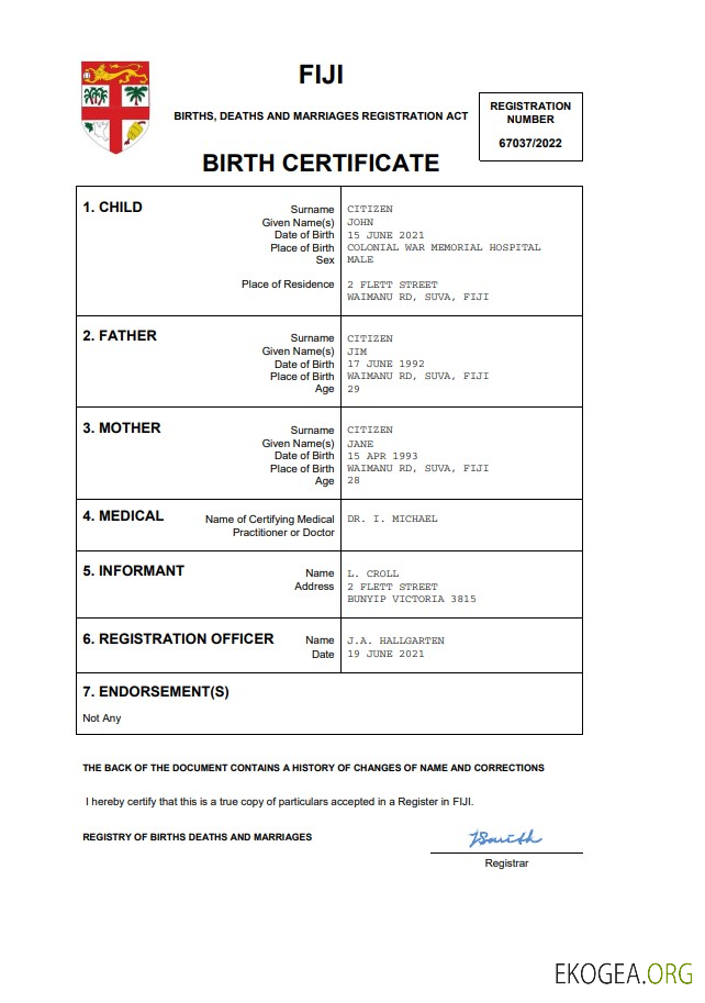 Modèle Word et PDF d'acte de naissance aux Fidji